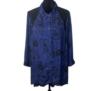 City Chic - Blue and Black Floral & Lace Shirt with Keyhole Back - Size 22